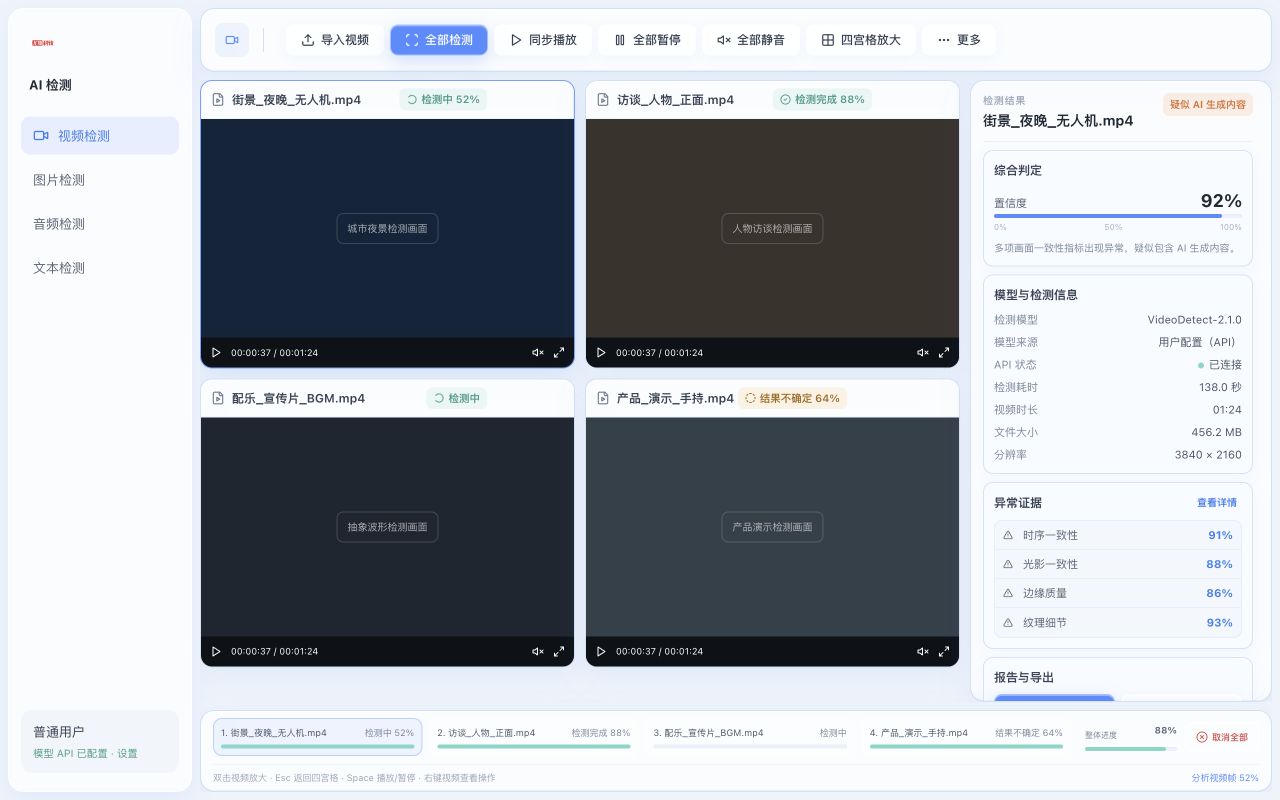 AI 内容检测工作台，包含四路视频、检测结果、异常证据和任务进度